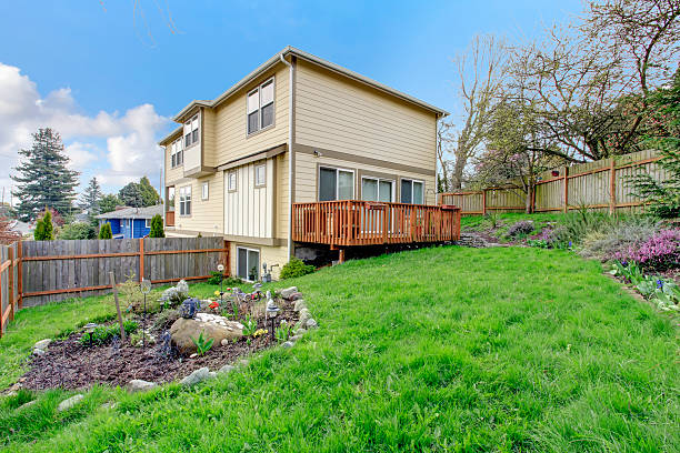 istock View of backyard walkout deck and flower bed 480794147