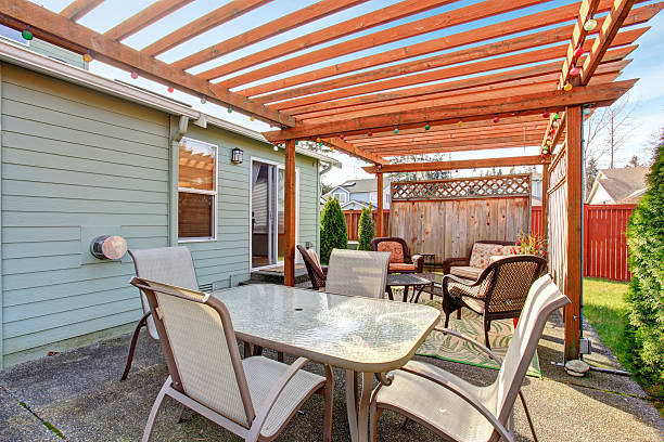 istock Perfect back yard with patio and hot tub tub. 480794170