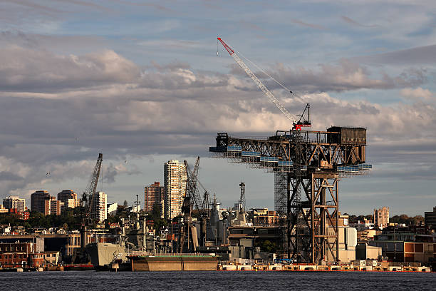 Sydney, Australia - March 16 2014: The hammerhead crane at Garden Island naval base awaits disposal. The largest crane in the southern hemisphere has not been used since 1996.