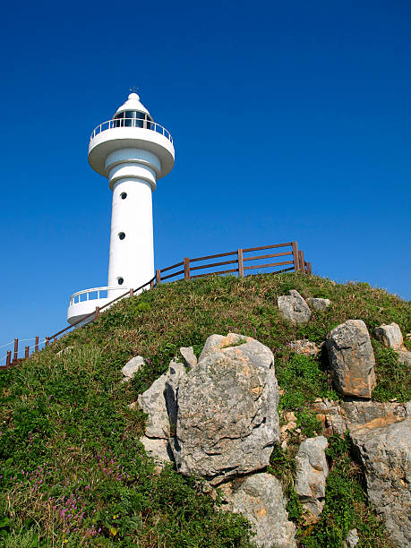 istock white lighthouse on top of green rocky hill 480800879