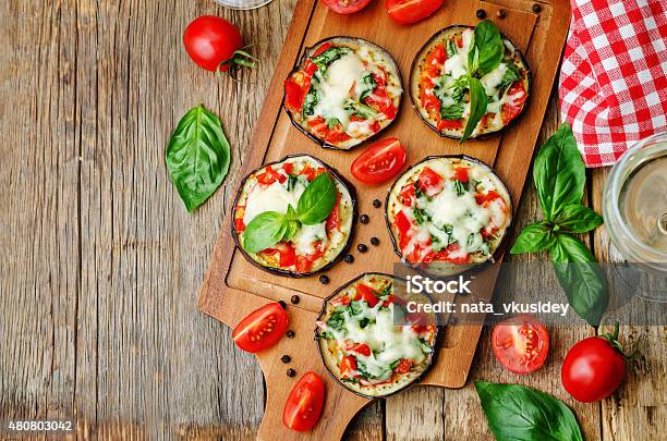 Pizza Eggplant With Tomatoes And Basil Stock Photo - Download Image Now - Eggplant, Feta Cheese, Grilled