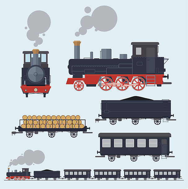 ilustraciones, imágenes clip art, dibujos animados e iconos de stock de tren antiguo estilo plano - steam train