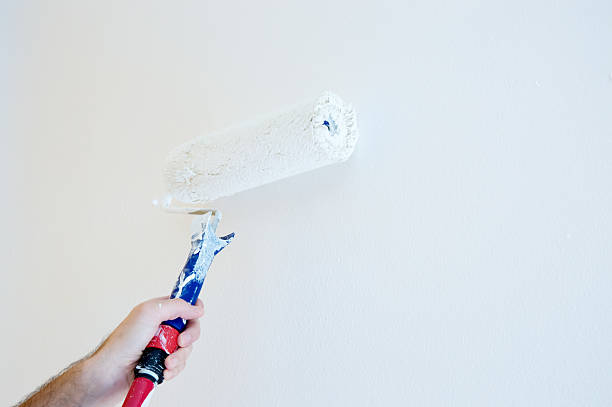 istock Adult painter whitewash with roll on white wall 480817022