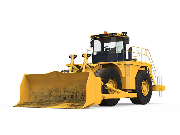 jaune bulldozer isolé - loading wheel mining equipment photos et images de collection