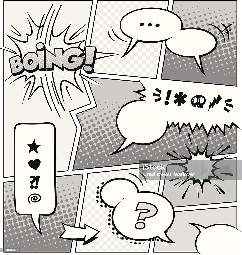 Comic Book Page Template A high detail greyscale vector mockup of a typical comic book page with various speech bubbles, symbols and sound effects and colored Halftone Backgrounds. Presented in 5 different file formats. Anger stock vector