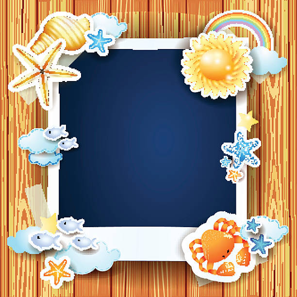 stockillustraties, clipart, cartoons en iconen met summer background with photo frame and shells - strand fotos