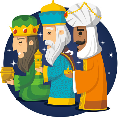 Three Wise Men, the three Kings, Melchior, Gaspard and Balthazar. Vector illustration cartoon. 