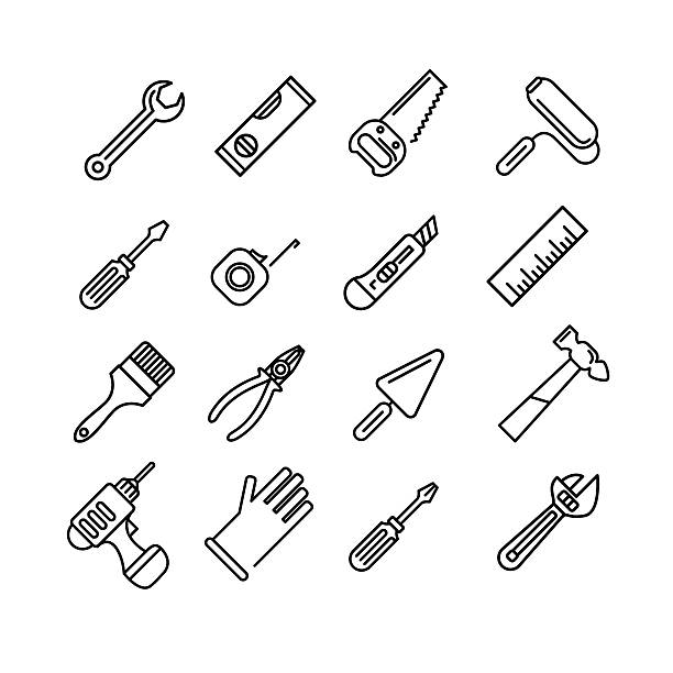 ilustraciones, imágenes clip art, dibujos animados e iconos de stock de conjunto de iconos de herramientas - wrench ruler screwdriver hammer