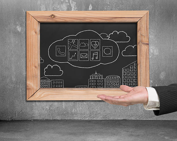 istock Hand showing blackboard with hand-drawn app icons on wall 480834838