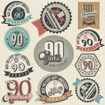Ninety anniversary design in retro style. Vintage labels for anniversary greeting. Hand lettering style typographic and calligraphic design elements