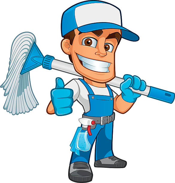 Cleaner Friendly cleaner dressed in work clothes, he has a mop cleaner illustrations stock illustrations