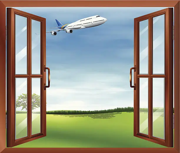 Vector illustration of Open window with a view of the plane