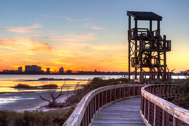 Big Lagoon Observation Tower Sunset stock photo