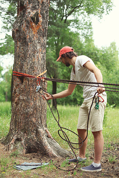 istock Man prepares the equipment fixes secures rope to tree 480840734