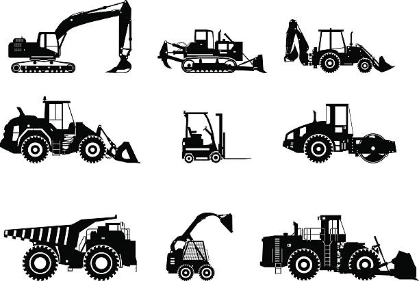 Set of heavy construction machines. Vector illustration Silhouette illustration of heavy equipment and machinery construction truck bulldozer wheel stock illustrations