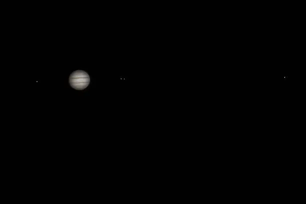 Jupiter with satellites Europa, Io, Ganymede, Callisto with telescope and Dslr Night Sky