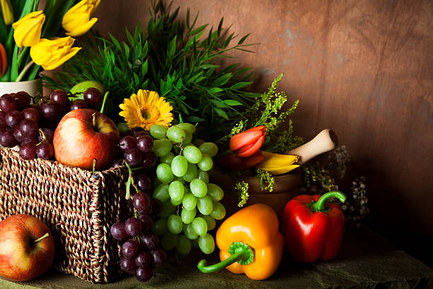 istock Traditional basket of harvested fruit and vegetables 480844312
