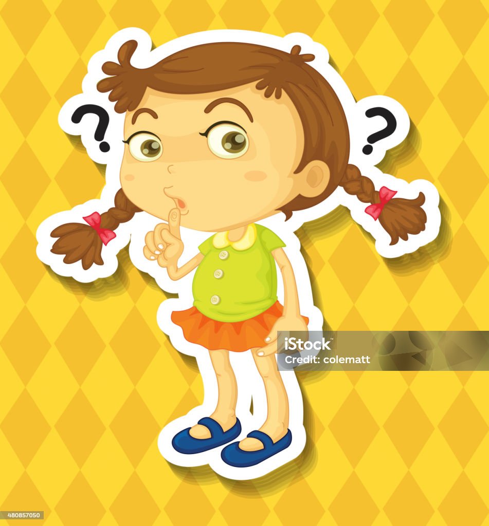 Sticker Sticker of a girl with questions on her mind 2015 stock vector