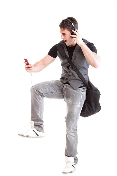 istock Full length portrait school boy phone isolated 480863489