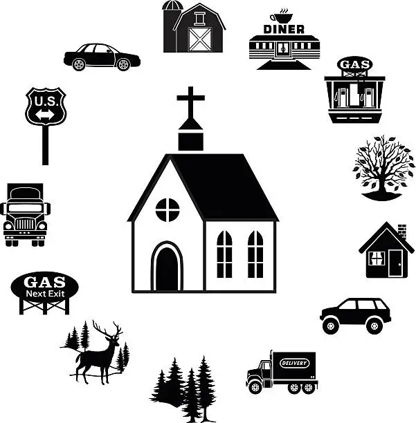 Vector illustration of white church surrounded by countryside theme circular icon border