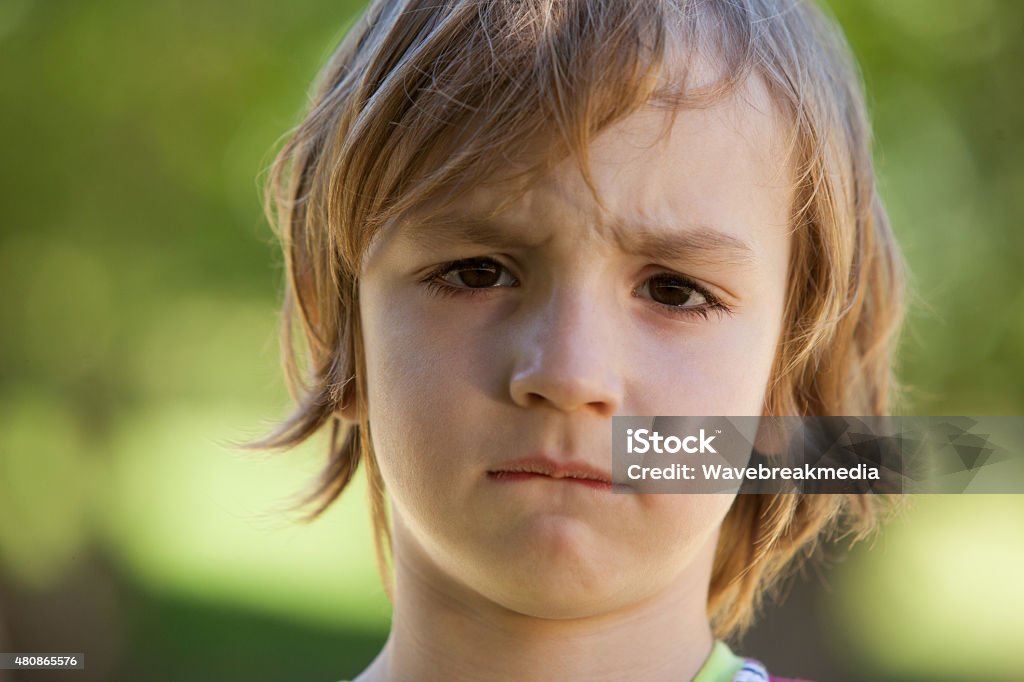 Sad little boy in the park Sad little boy in the park on a sunny day 2015 Stock Photo