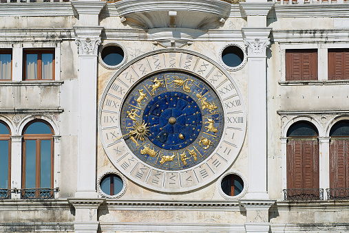 Exteriror detail of the Torre dell Orologio (Clock Tower) in Venice, Italy.