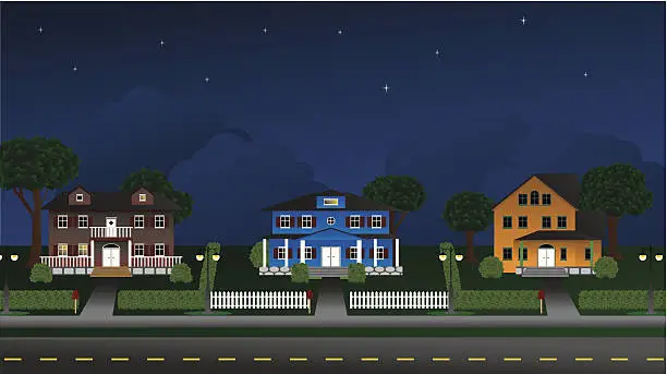 Vector illustration of Suburbia - Houses at night - Illustration