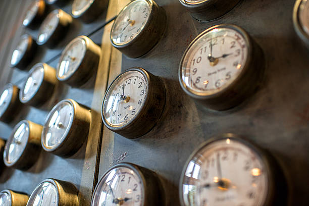 istock Metal wall with old styled clocks 480871604