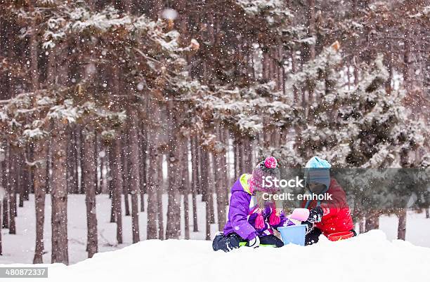 Girls Playing In Snow Stock Photo - Download Image Now - 4-5 Years, Blue, Bucket