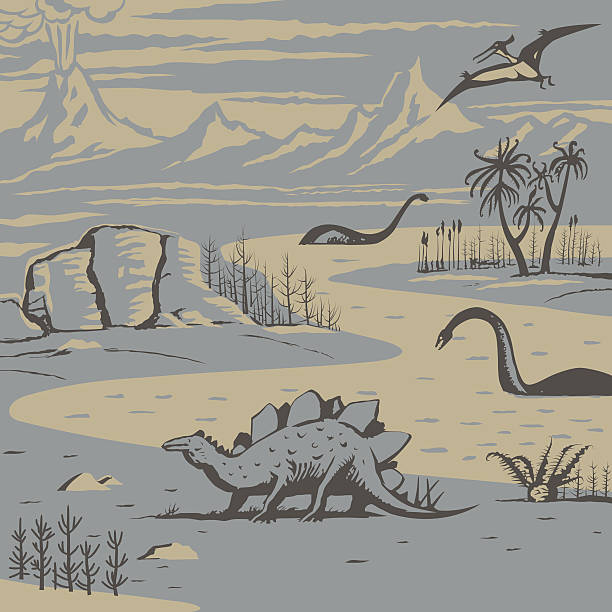 Prehistoric landscape Prehistoric landscape with carnivorous dinosaurs and ancient plants vector illustration lycopodiaceae stock illustrations