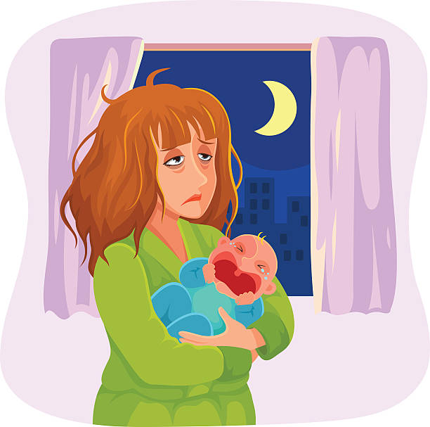 tired sleepy mother tired mother carrying a crying baby at night crying baby cartoon stock illustrations