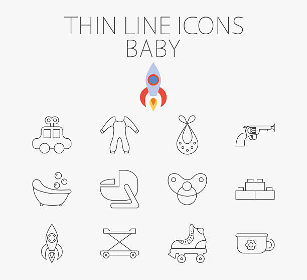 Baby related flat vector icon set Baby icon related flat vector for web and mobile applications. Set includes - car, bib, blocks, potty, roller skate, gun, bath, car seat, nipple, rocket, baby walker. Pictogram, infographic element. baby gun stock illustrations