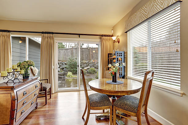 istock simple dinning area with glass door. 480876644