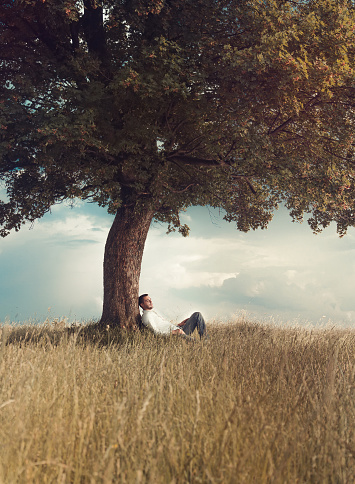 Carefree. Human relaxing under tree. Man repose on grass in nature. Outdoors - outside. Leisure concept. No worries. Art photo