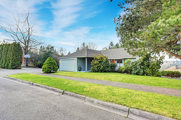 istock Small blue rambler house with garage and walkway. 480877352