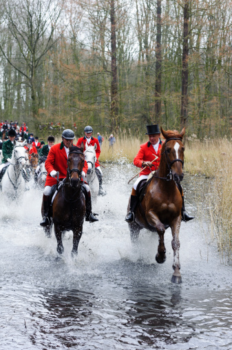 amsterdam, netherlands - March 15, 2014: hunters riding their horses through a swamp in historic clothing during a fox hunt in the amsterdam forest