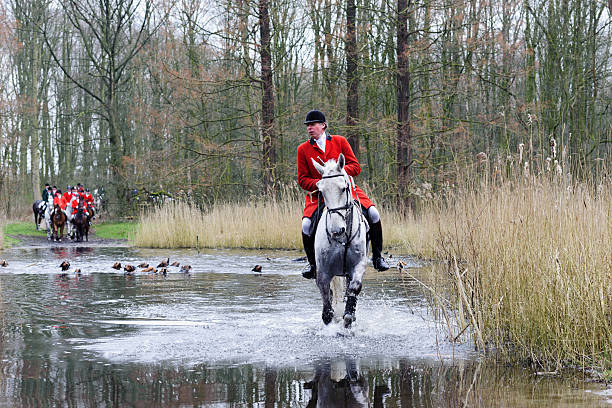 amsterdam, netherlands - March 15, 2014: hunters riding their horses through a swamp in historic clothing during a fox hunt in the amsterdam forest