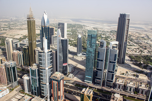 Dubai city center from a helicopter, Dubai, United Arab Emirates