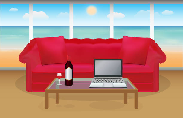 wine and laptop red sofa in with beach background wine and laptop in front of red sofa in a room with beach background red beach chairs stock illustrations