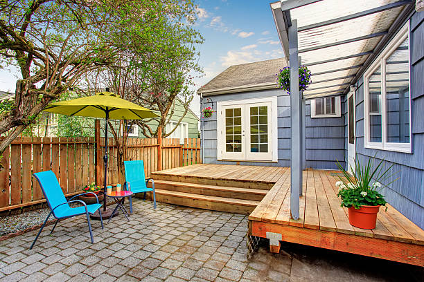 istock Perfect back deck with concrete patio and chairs. 480888590