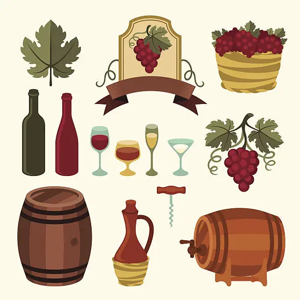 Vector illustration of Set of wine icons, elements and objects.