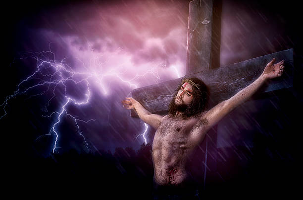 It Is Finished - Christ's Last Words During His Crucifixion‎ It is the final moments of Christ's Crufixion when the heavens close and the Savior leaves his mortal body.  Lightening, rain, and sadness take his place.  Composite Image. hebrew script photos stock pictures, royalty-free photos & images