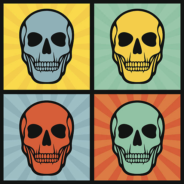 ilustrações de stock, clip art, desenhos animados e ícones de quatro ilustrações com skulls de arte pop fundo. - pop art skull backgrounds pattern