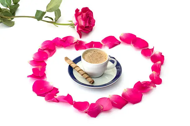 pink rose lobes of roses and a cup of coffee at center, a subject love, holidays and drinks