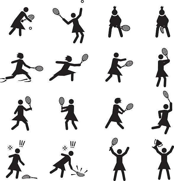 illustrations, cliparts, dessins animés et icônes de ensemble d'icônes de femme tennis performance - tennis silhouette playing forehand