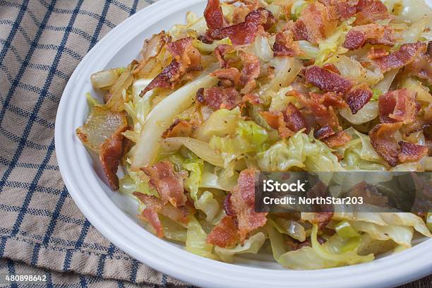 Southern Fried Cabbage With Bacon Stock Photo - Download Image Now - 2015, Autumn, Backgrounds