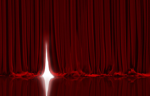 Red velvet stage curtain. Vertical composition. 3D rendering.