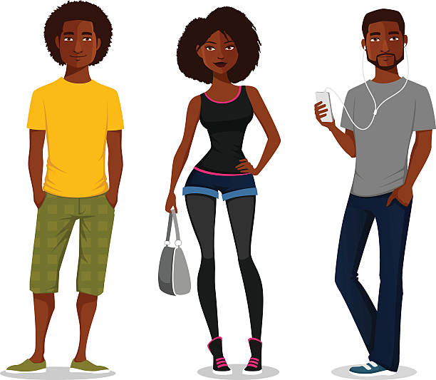 cartoon illustration of young African American people EPS10 vector file jeans shorts women latin american and hispanic ethnicity stock illustrations