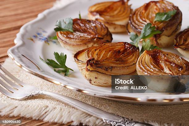 Caramelized Onions On A Plate Closeup Horizontal Stock Photo - Download Image Now - Onion, Baked, Caramelized