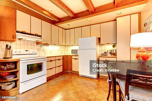 Old Simple White And Wood Kitchen Interior Stock Photo - Download Image Now - Apartment, Appliance, Architecture
